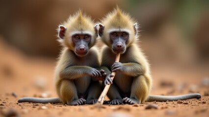Obraz premium Two Baby Baboons Sharing a Reed