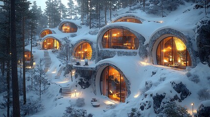 Stunning Winter Cave Homes in Snowy Mountain Forest