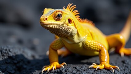 Obraz premium Vibrant Yellow Iguana Portrait on Dark Rock