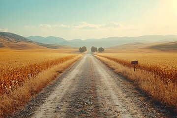 Naklejka premium Country Road Through Golden Wheat Field Landscape