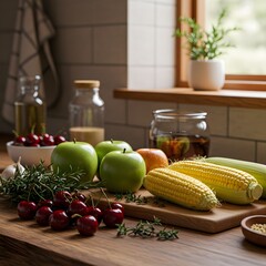 Fresh Farm Produce on Rustic Kitchen Countertop