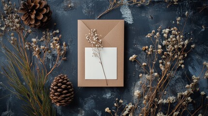Flat lay of Mother's Day card on recycled paper, pine cone, and dried blooms .