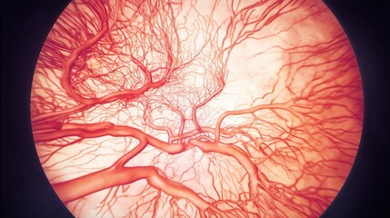 Preeclampsia Awareness Month. Close-up of retinal exam showing signs of preeclampsia, ophthalmoscope view of retinal vasospasm and edema, medical imaging, detailed blood vessel visualization