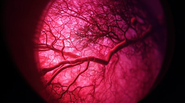Preeclampsia Awareness Month. Close-up of retinal exam showing signs of preeclampsia, ophthalmoscope view of retinal vasospasm and edema, medical imaging, detailed blood vessel visualization