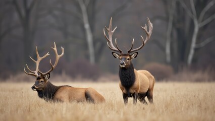Fototapeta premium Two Bull Elk In Grassy Field