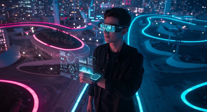 Futuristic man with AR glasses using a holographic interface in a neon-lit cyber city. Concept of augmented reality, virtual control, and smart wearable technology in a sci-fi world.