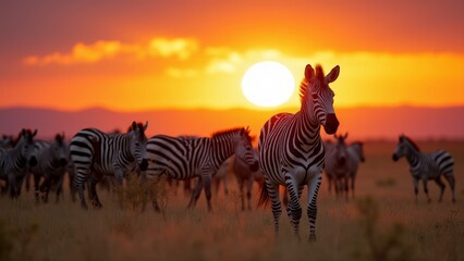 Zebras Grazing At Sunset, African Wildlife