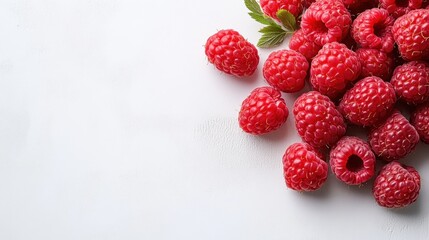 Pile of fresh, vibrant red raspberries on a clean white background, highlighting juicy texture and color