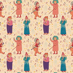 Funny seamless pattern of cheerful grandmas partying and dancing. Retro cartoon style on light background with stars and confetti