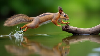 Fototapeta premium Red Squirrel Leaping Across Water Surface