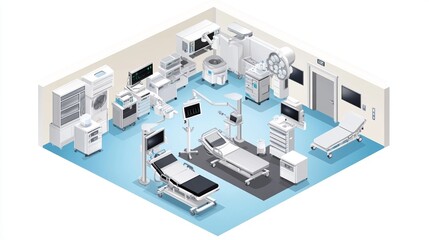 A high-tech healthcare setting with advanced medical equipment is depicted in the 3D isometric illustration of Medical room, complete with a Sharpen banner that includes space for text