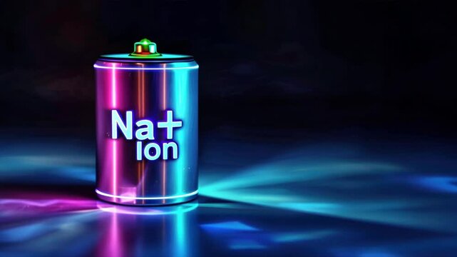 Na+ text glows with neon on black battery, showing electric concept in sodium ion batteries, na ion battery energy, and bold advanced technology look