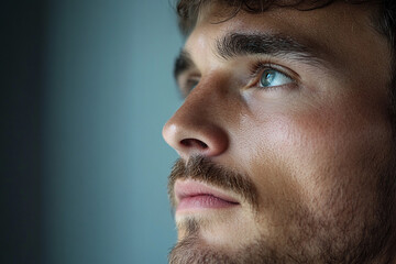 Fototapeta premium Natural sunlight on male face, candid beauty moment, morning routine vibe