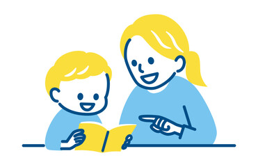 mother and son reading a book together