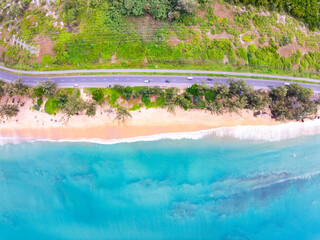 Beautiful colorful sand beach nature background,Amazing beach waves background, Aerial view wide angle sea background