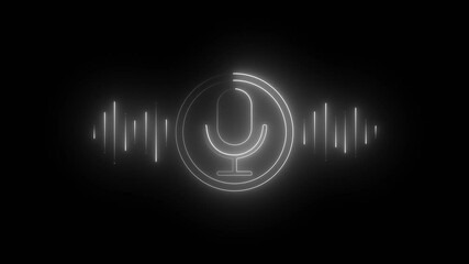 Neon glowing Voice recording podcast mic microphone icon animation. Audio wave microphone icon animation. Podcast recording Audio Icon with Microphone and Wave Form of Sound or Music.4k video