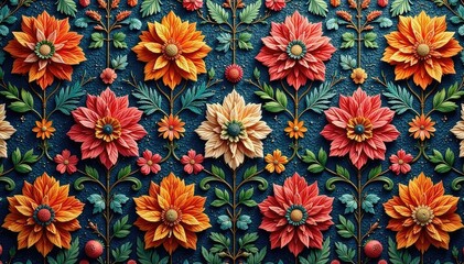 Intricate woven tapestry, rich textures, repeating floral design, ornate, sophisticated