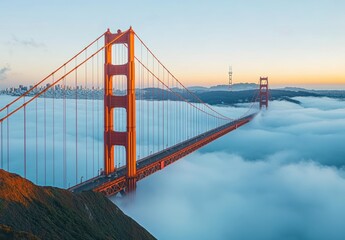 Obraz premium Majestic Golden Gate Bridge Standing Tall Above Ethereal Fog in San Francisco at Sunrise