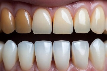 A before-and-after close-up of teeth whitening treatment shows the transformation from stained to bright white teeth