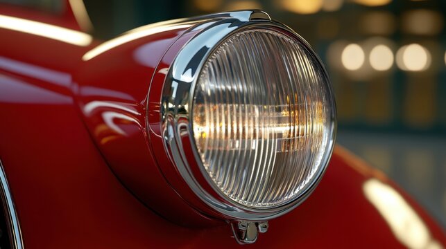 Shiny chrome headlight of vintage red car, classic curves and reflections