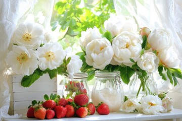 White peonies and strawberries on a windowsill