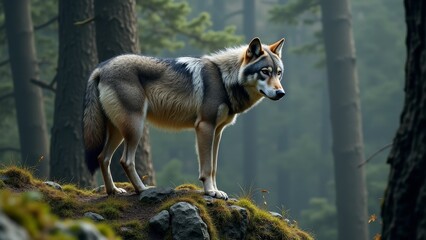 Gray Wolf Standing On Forest Rocks