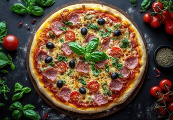 Freshly Baked Italian Pizza with Pepperoni, Olives, Tomatoes and Basil on a Wooden Board Surrounded by Ingredients