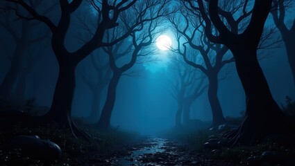 Naklejka premium Dark enchanted forest at night, deep shadows, moonlight filtering through twisted trees, misty atmosphere, rich blue and black tones, high contrast, ultra-detailed, photorealistic background, 8k resol