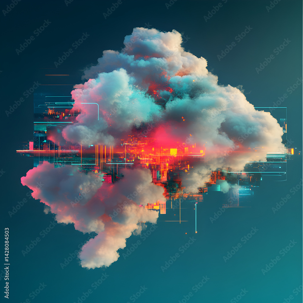 Poster cloud computing: futuristic digital cloud formation, illuminated with data streams and glowing light