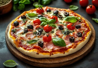 Delicious Homemade Pizza with Toppings of Olives, Ham, Basil, and Cherry Tomatoes on a Wooden Board Surrounded by Fresh Ingredients