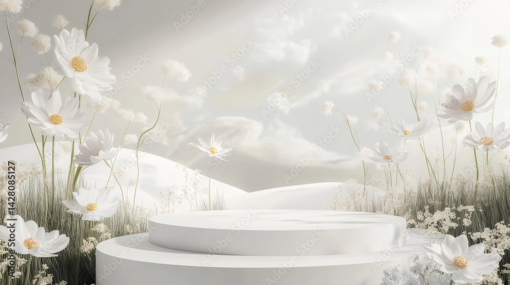 Aufkleber 白いコスモスの背景に白く装飾されたステージ 優雅で明るい光の中で開花する花々 穏やかな雰囲気