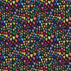 Seamless pattern with colorful hand-drawn hearts on black background. Crayon and watercolor texture. Fun and playful love theme