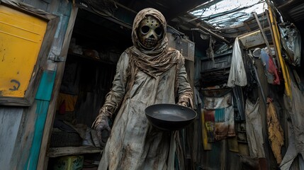 Spooky AI-Generated Figure in Mask, Holding Pan, Poverty Scene