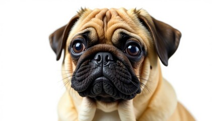 Obraz premium One brown pug, isolated on pure white backdrop Close-up view , photography, dog portrait