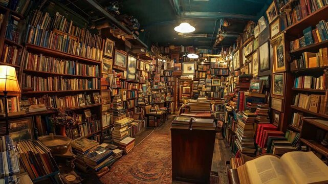 A warm, atmospheric view of a vintage bookstore filled with towering shelves of old books, framed artwork, and eclectic decor. The dim lighting and cluttered charm evoke a sense of nostalgia