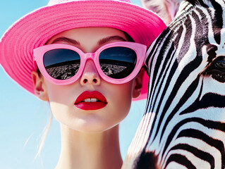 Young woman is wearing pink sunglasses and hat standing to a zebra. Close-up.