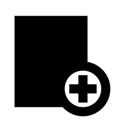 Black square with a plus sign inside a circle indicating add create new item or document icon design