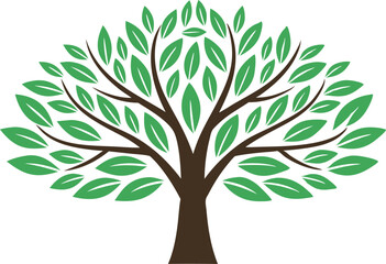 Evergreen's Emblem: A vibrant, lush tree, a symbol of life, growth, and environmental harmony, stands strong with a sprawling canopy of green leaves.