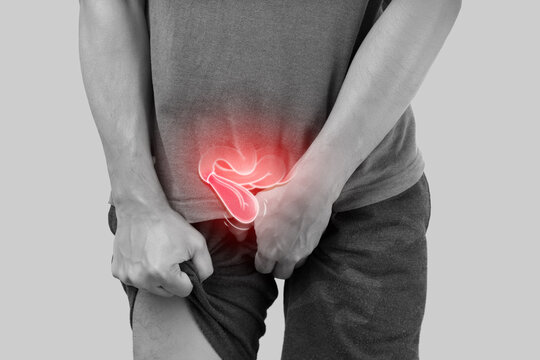 Illustration depicts hernia symptoms in a man's body. Common signs of a hernia are highlighted.