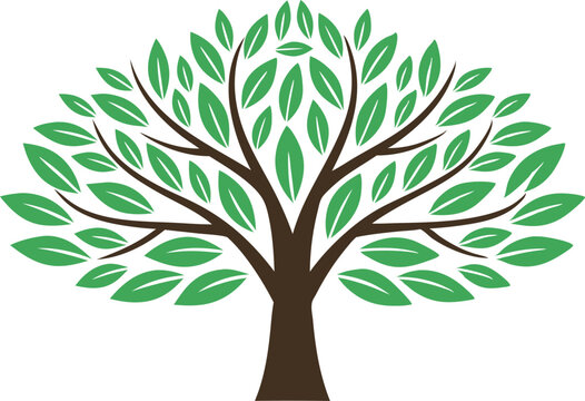 Evergreen's Emblem: A vibrant, lush tree, a symbol of life, growth, and environmental harmony, stands strong with a sprawling canopy of green leaves.