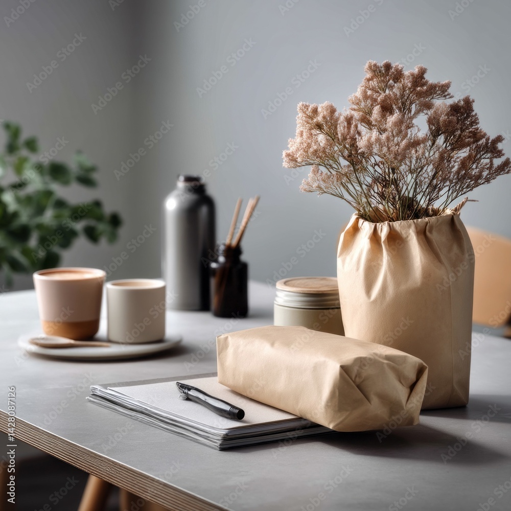 Poster a minimalist workspace features sustainable packaging items alongside organic decor, creating a calm