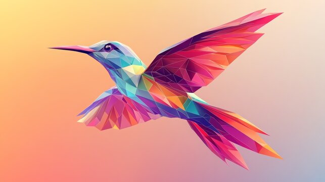 3D-rendered colorful polygonal bird mid-flight, sharp angles and smooth pastel gradient fill, low-poly elegance 