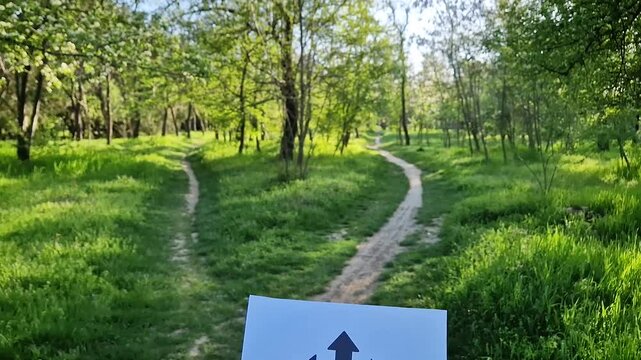 Man hand holding a paper with arrows pointing left, right, and straight directions white standing in front of a crossroad. Forked path symbol for decision making and life choices concept