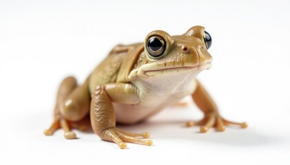 Small brown frog isolated against white backdrop, studio, sitting