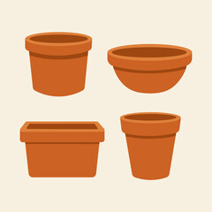 Vector collection of clay pots for house plants. An empty flower pot