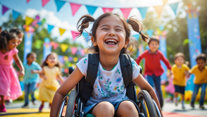 Laughing Girl in Wheelchair Amid Children’s Day Celebration – 4K