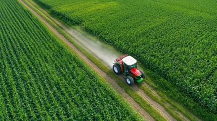 Fototapeta premium Tractor moving through cornfield, pesticide mist trailing behind, symbolizing crop care and growth