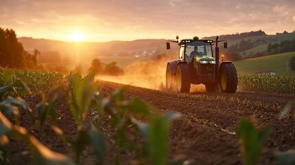 Fototapeta premium Tractor moving through cornfield, pesticide mist trailing behind, symbolizing crop care and growth