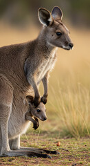 Fototapeta premium Kangaroos Standing with Joey in Pouch Looking into Distance