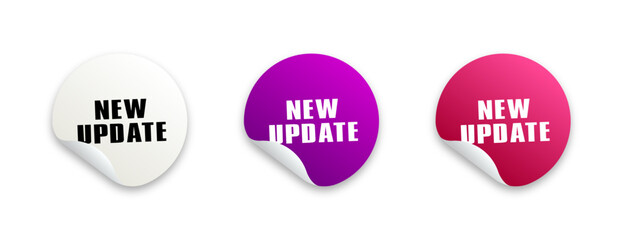 set of three vector stickers new update in different colors with shadow on a white background stickers with peeled edge